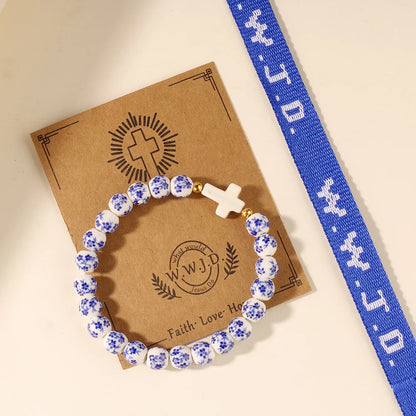 Kit de 2 Pulseiras WWJD com Cruz e Cerâmica Floral