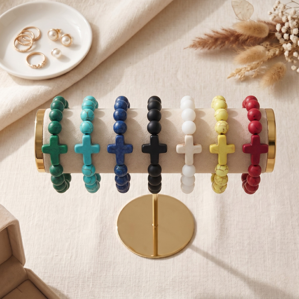 Pulseira de Cruz com Pedras Naturais